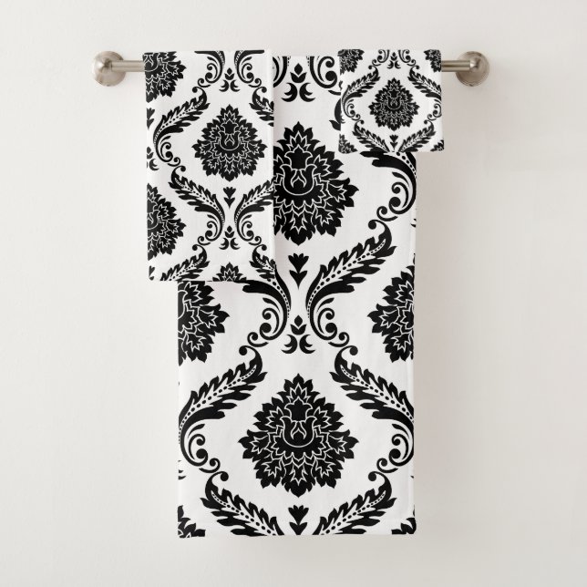 Rococo Damask Patrón Mixto Negro sobre Blanco (In situ)