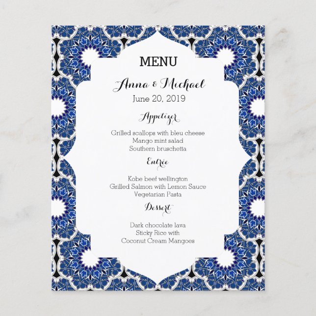Rococo Indigo Beautiful Blue Boda Menu (Anverso)