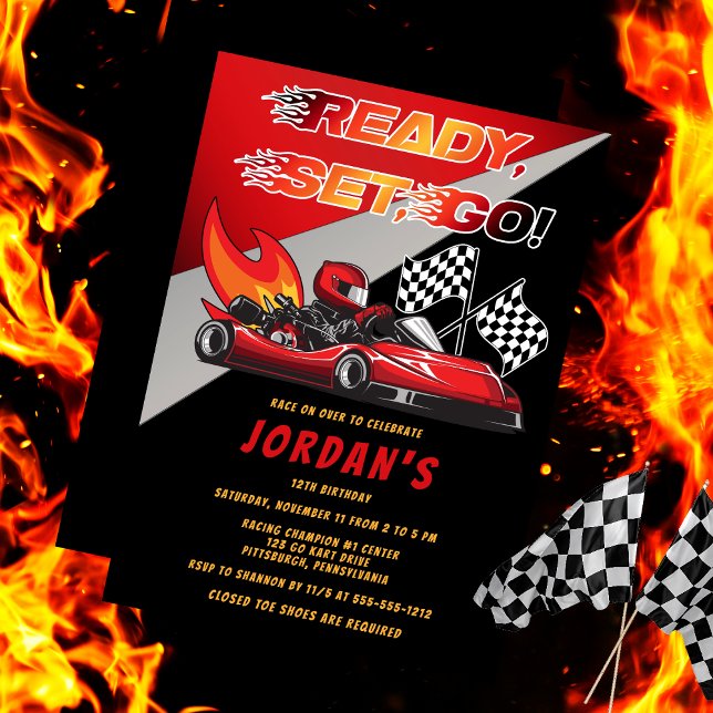 Roja | Invitación de cumpleaños a la Carreras Blac (Red and Black Go Kart Racing Birthday Invitation)