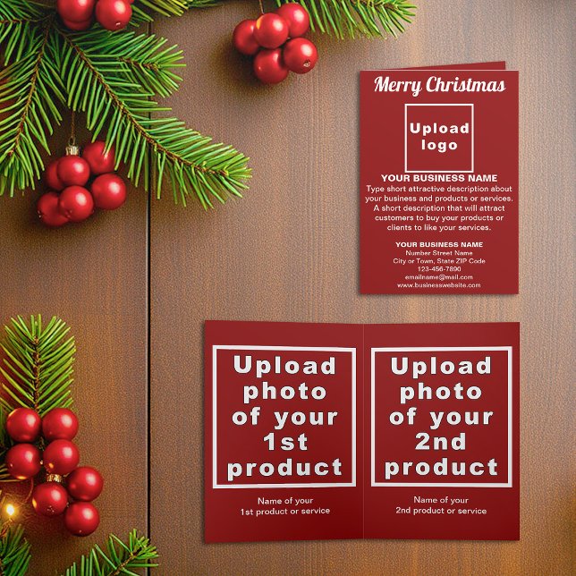 Roja | Navidad | Negocios | Tarjeta de Navidad ple (Red folded holiday card for Christmas with your business brand and products or services)