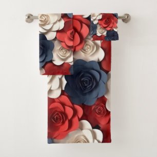Rojo Blanco Azul Floral Patrón Flor Jardín Baño