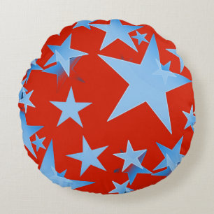Rojo con estrellas azules Cojín decorativo redondo