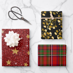 Rojo de Navidad Purpurina Papel de Oro Tartán Cuad