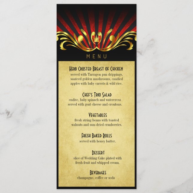 Rojo del menú de la cena de Nouveau Vegas del arte (Anverso)