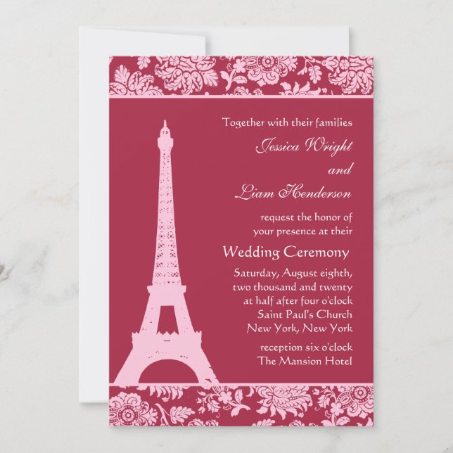 Rojo dulce en la invitación a la boda de París (Anverso)