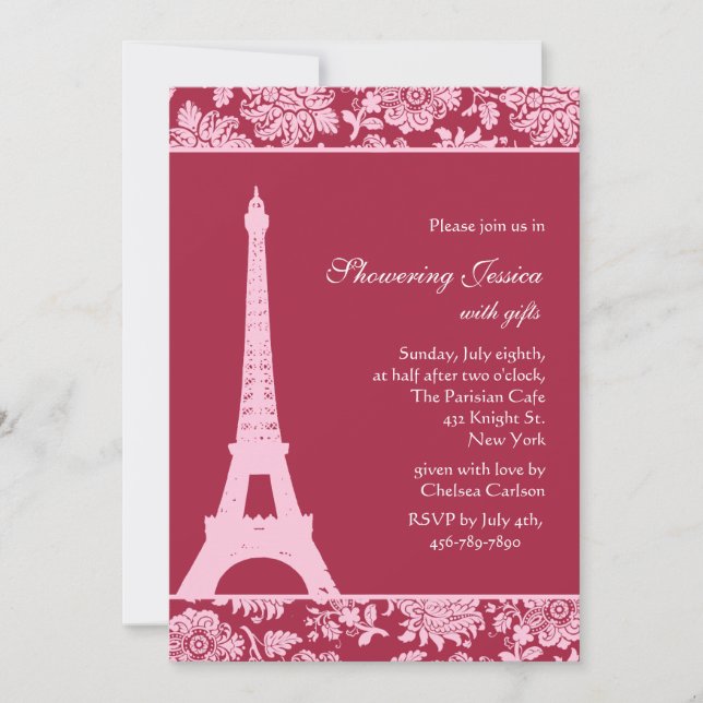 Rojo dulce en París Invitación a ducha de novias (Anverso)