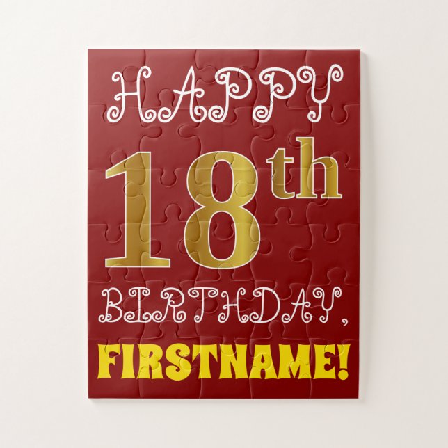 Rojo, Faux Gold 18th Birthday + Custom Name Puzzle (Vertical)
