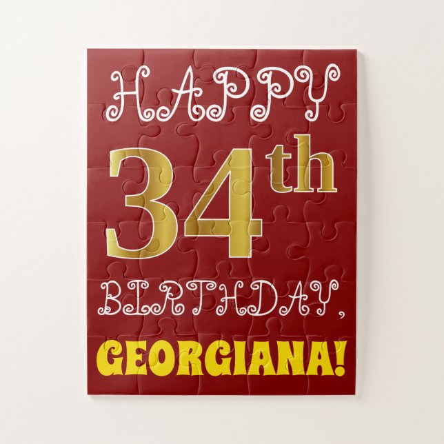 Rojo, Faux Gold 34th Birthday + Custom Name Puzzle (Vertical)