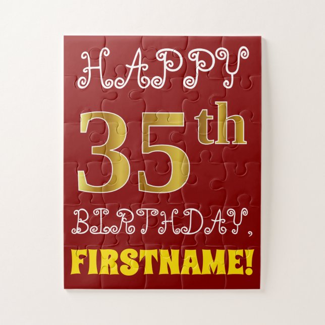 Rojo, Faux Gold 35th Birthday + Custom Name Puzzle (Vertical)