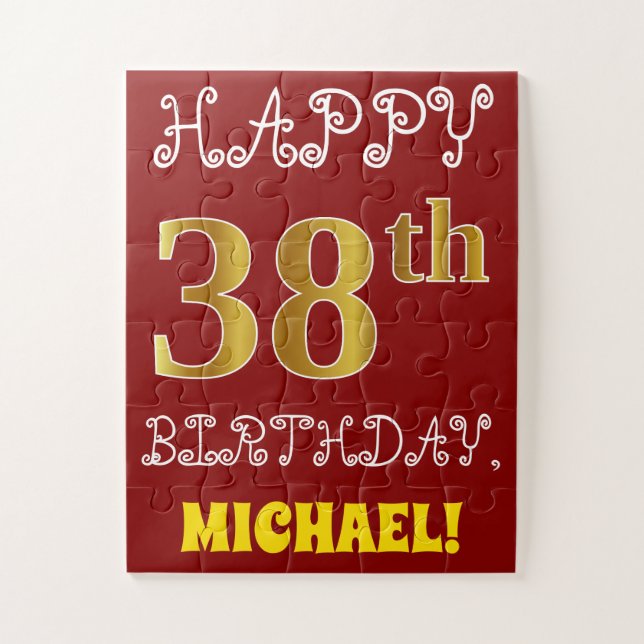 Rojo, Faux Gold 38th Birthday + Custom Name Puzzle (Vertical)