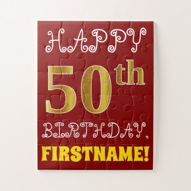 Rojo, Faux Gold 50th Birthday + Custom Name Puzzle (Vertical)