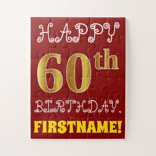 Rojo, Faux Gold 60th Birthday + Custom Name Puzzle (Vertical)