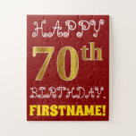 Rojo, Faux Gold 70th Birthday   Custom Name Puzzle<br><div class="desc">Este divertido y simple diseño de rompecabezas de cumpleaños muestra el mensaje "FELIZ CUMPLEAÑOS 70", con el "70" con un aspecto de color falso/imitación de oro. También incluye un nombre personalizado y un fondo de color rojo. Podría ser una manera divertida y especial de dar un saludo de cumpleaños personalizado...</div>