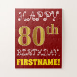 Rojo, Faux Gold 80th Birthday   Custom Name Puzzle<br><div class="desc">Este divertido y simple diseño de rompecabezas de cumpleaños muestra el mensaje "FELIZ 80º CUMPLEAÑOS", con el "80º" con un aspecto de color falso/imitación de oro. También cuenta con un nombre personalizado y un fondo de color rojo. Podría ser una manera divertida y especial de dar un saludo de cumpleaños...</div>