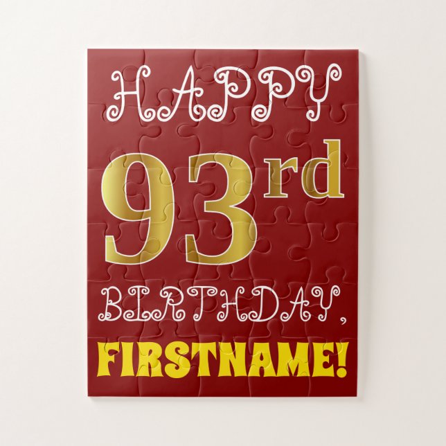 Rojo, Faux Gold 93rd Birthday + Custom Name Puzzle (Vertical)