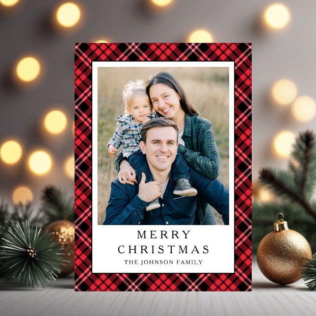 Rojo Festivo de Cuadro Foto Navidad (Festive Red Plaid Photo Christmas Holiday Card)