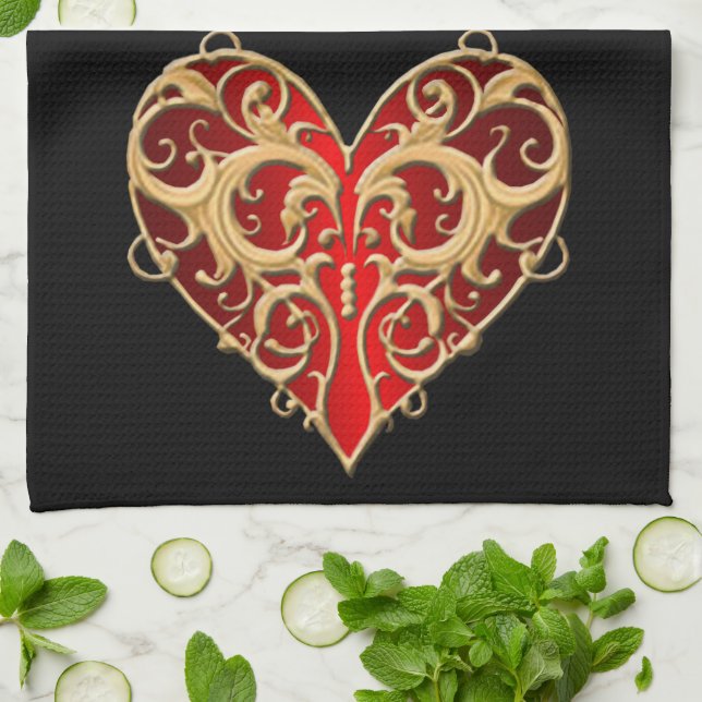 Rojo Filigree Heart Kitchen Toalla (Doblado)