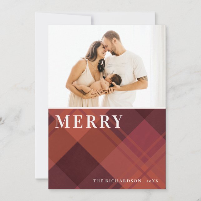 Rojo Granate Marsala Cuadros 1 Foto Feliz Navidad (Anverso)