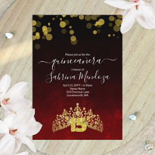 Rojo oscuro, Tiara dorado Invitación Quinceanera