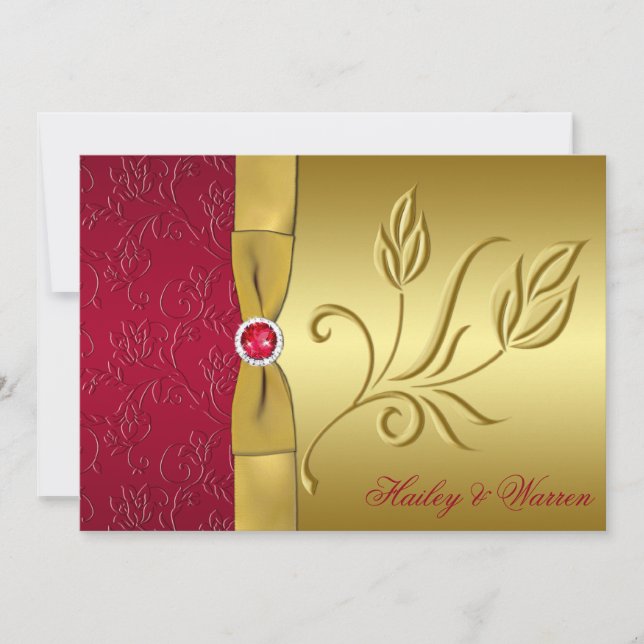 Rojo RIBBON IMPRESO, Invitación a la boda con flor (Anverso)