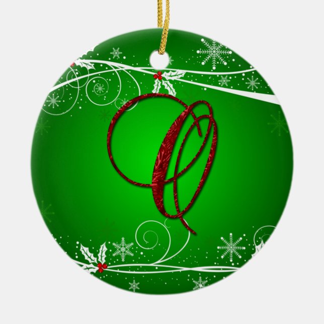 Rojo Verde Holly Inicial O Ornamento De Navidad (Frente)