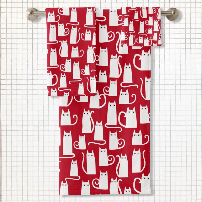 Rojo y blanco de gato curado (Fun white kitty cat on red pattern bathroom towel set for animal lovers)