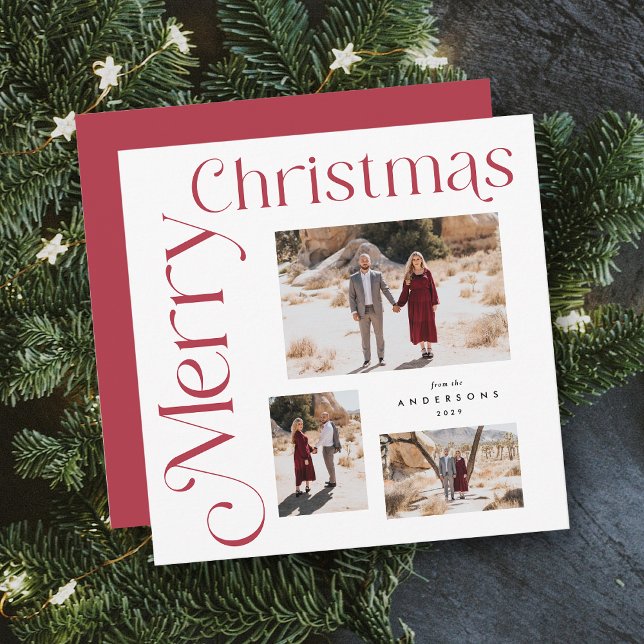 Rojo y Blanco Feliz Navidad Tipo Moderno Foto (Red Merry Christmas Modern Type Photo Holiday Card - 5x5 Square)