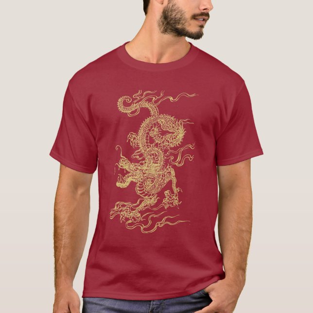 Rojo y camiseta unisex del dragón chino del oro (Anverso)