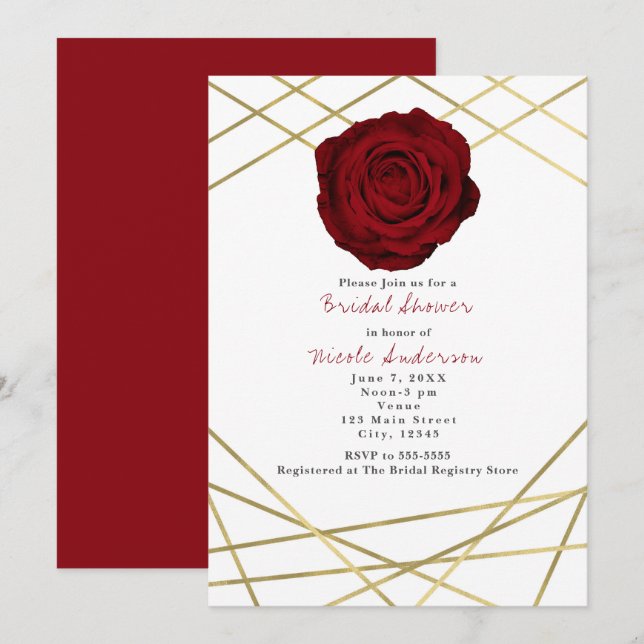 Rojo y Líneas de Oro Invitación Floral Elegante (Anverso / Reverso)