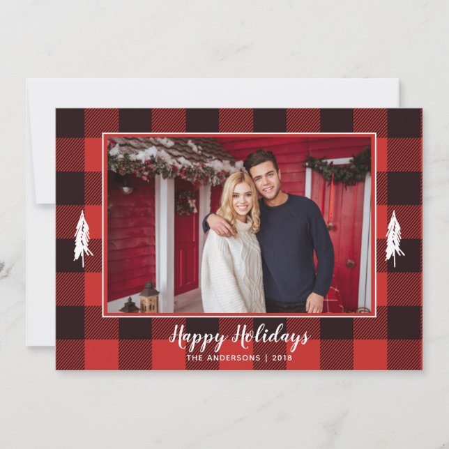 Rojo y Negro Gingham Flannel Foto Árbol de Navidad (Anverso)