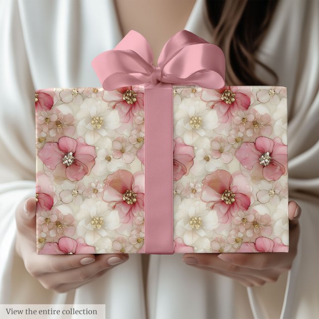 Rollo de papel de regalo de cumpleaños floral dora (Ethereal blush and gold floral birthday wrap roll)