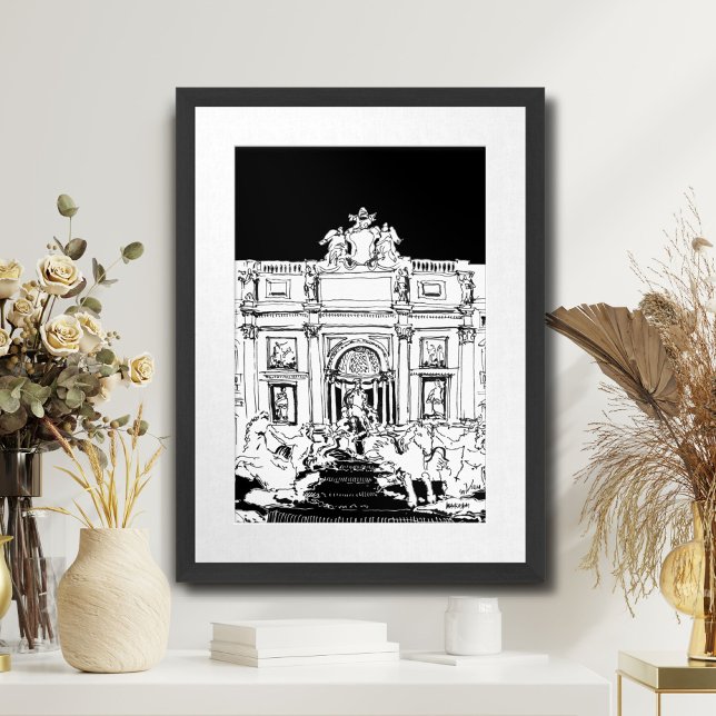 Roma Fontana de Trevi Impresión de arte de viajes  (Rome Trevi Fountain Black White Travel Art Print)