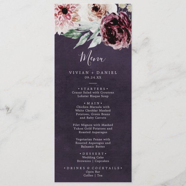 Romance floral | Menú de cena de Plum Boda (Anverso)