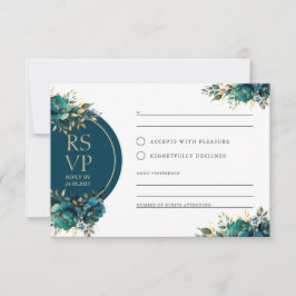 Romance RSVP flores turquesa con acentos dorados