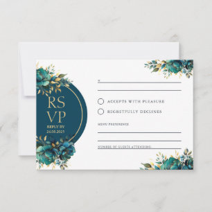 Romance RSVP flores turquesa con acentos dorados