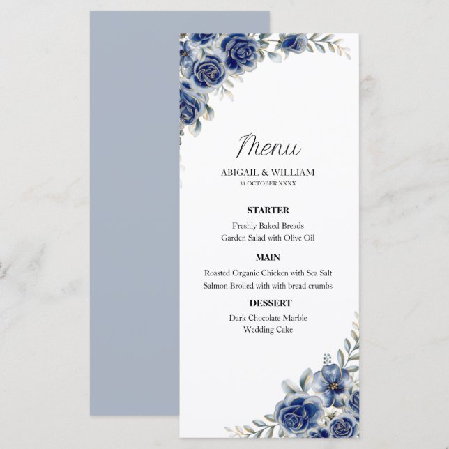 Romantic Blue Floral Botanical Wedding Menus Card (Anverso / Reverso)