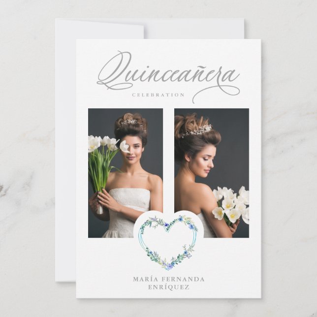 Romantic Blue Shades Floral Heart Photo XV años (Anverso)