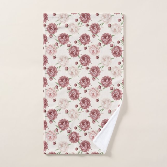 Romantic Blush & Burgundy Peony Floral Pattern (Toalla de mano)