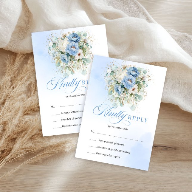 Romantic Bohemian Blue White Peonies Wedding RSVP (Romantic Bohemian Blue White Peonies Wedding RSVP)
