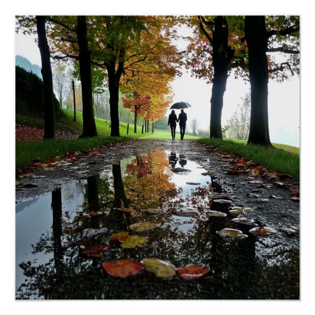 Romantic Couple Rain Autumn Glossy Poster (Anverso)