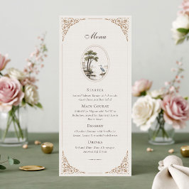 Romantic French Heron Oval Frame Wedding Menu Card