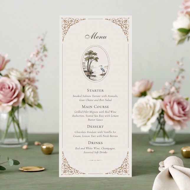 Romantic French Heron Oval Frame Wedding Menu Card (Subido por el creador)