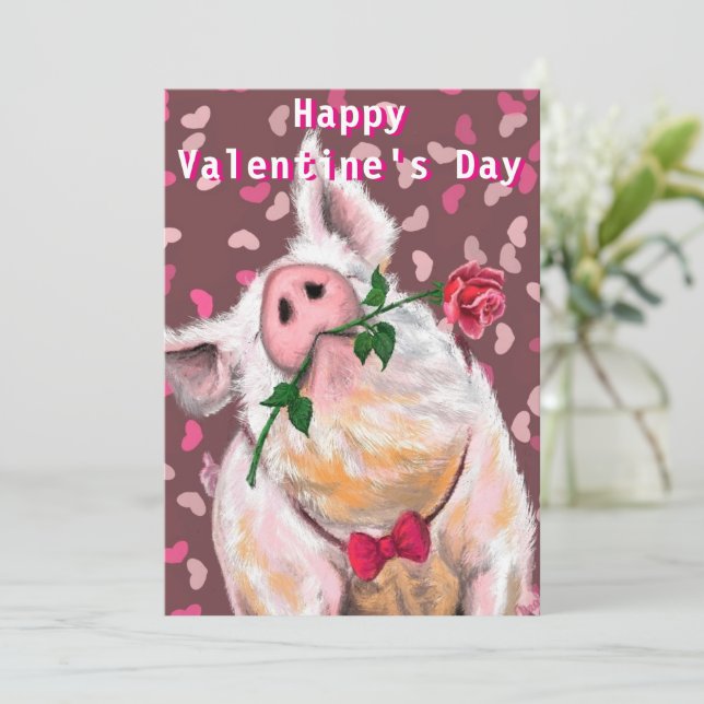 Romantic Pig Funny El día de San Valentín Card (Anverso de pie)