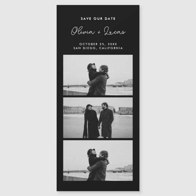 Romantic Script Photo Strip Magnetic Black Wedding (Anverso)