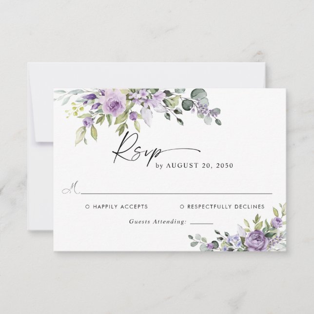 Romantic Violet Flowers Wedding RSVP Card (Anverso)