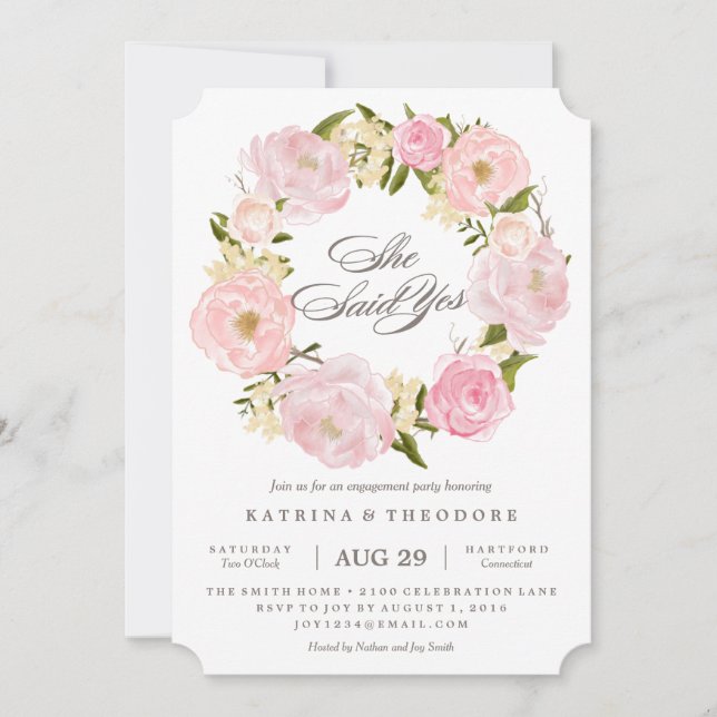 Romantic Wreath Dijo Que Sí Invitación De Compromi (Anverso)