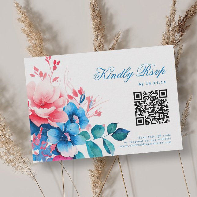 Romántica Boda Floral Azul vibrante RSVP QR (Romantic Vibrant Blue Floral Wedding RSVP QR)