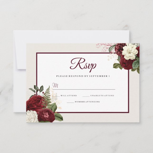 Romántica boda floral borgoñona RSVP (Anverso)
