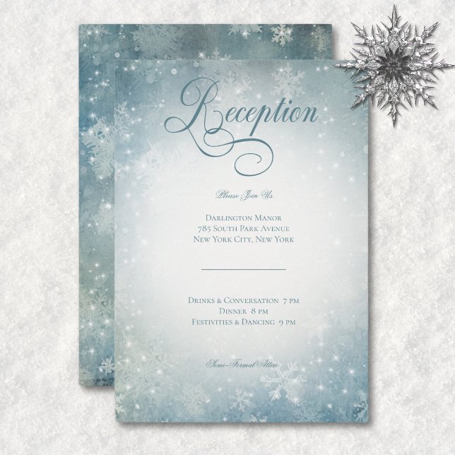 Romántica caída Nieve azul recepción de espuma bla (Romantic Falling Snow Blue White Sparkle Reception Enclosure Card)