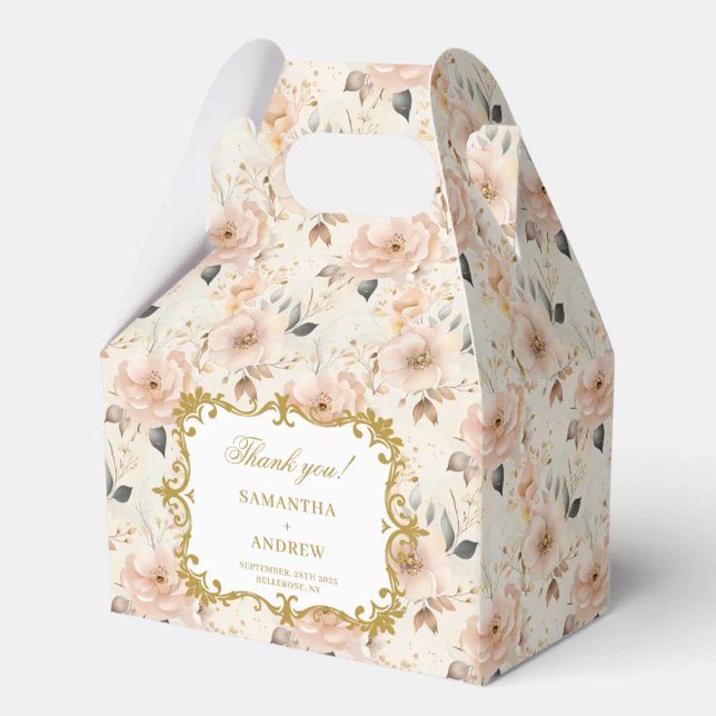Romántica caja de Rubor de Favor de la Boda de Oro (Romantic Blush Gold Wedding Favor Box with Floral)